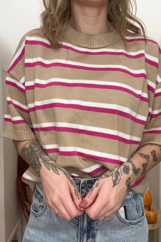 Harriet Beige Striped Short Sleeve Pullover