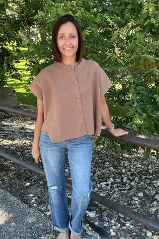 Rachel Camel Button Down Cap Sleeve Sweater