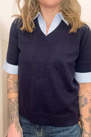 Cecilia Navy Short Sleeve Double Sweater