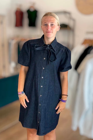 Lydia Dark Denim Dress with Tie