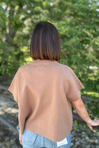 Rachel Camel Button Down Cap Sleeve Sweater