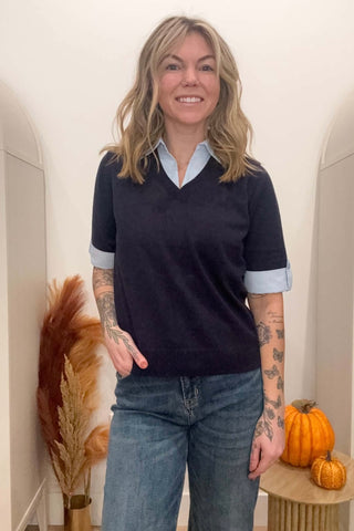 Cecilia Navy Short Sleeve Double Sweater