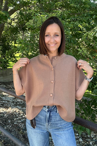 Rachel Camel Button Down Cap Sleeve Sweater