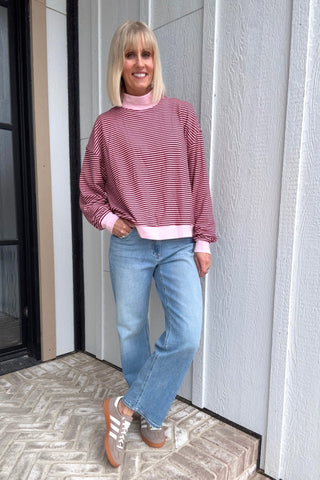 Addyson Pink & Burgundy Striped Mock Neck Pullover - Just Dani Boutique + Color Studio