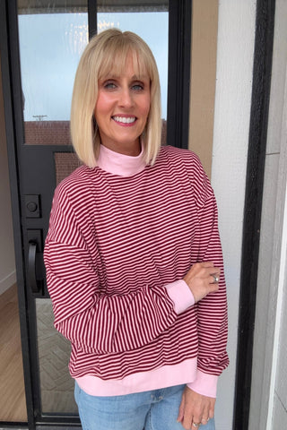 Addyson Pink & Burgundy Striped Mock Neck Pullover - Just Dani Boutique + Color Studio