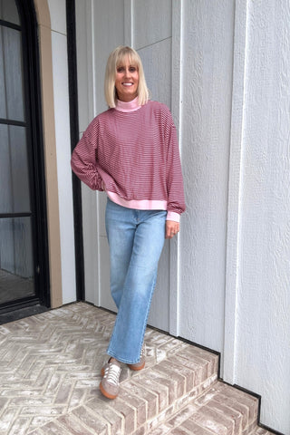 Addyson Pink & Burgundy Striped Mock Neck Pullover - Just Dani Boutique + Color Studio