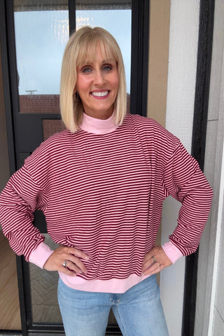 Addyson Pink & Burgundy Striped Mock Neck Pullover - Just Dani Boutique + Color Studio