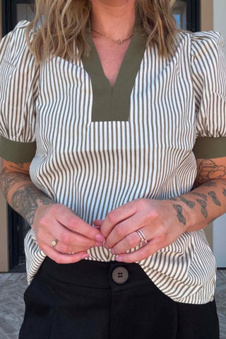 Aurora V Neck Olive Puff Sleeve Top - Just Dani Boutique + Color Studio