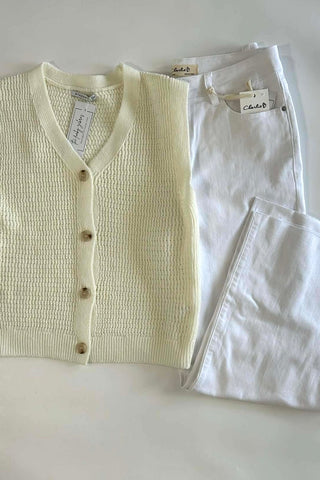 Beatrice Ivory Button Down Crochet Style Sweater Vest - The Funky Zebras Clear Lake