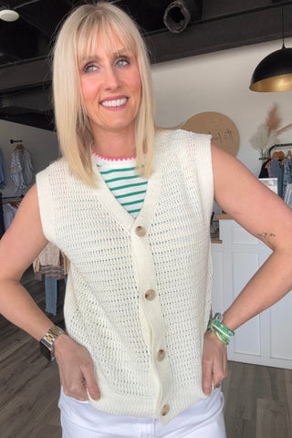 Beatrice Ivory Button Down Crochet Style Sweater Vest - The Funky Zebras Clear Lake