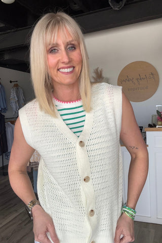Beatrice Ivory Button Down Crochet Style Sweater Vest - The Funky Zebras Clear Lake