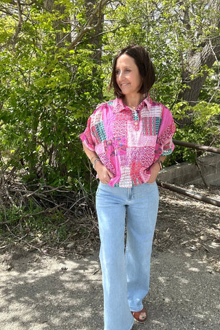 Bella Mixed Print Lightweight Collared Top - Just Dani Boutique + Color Studio