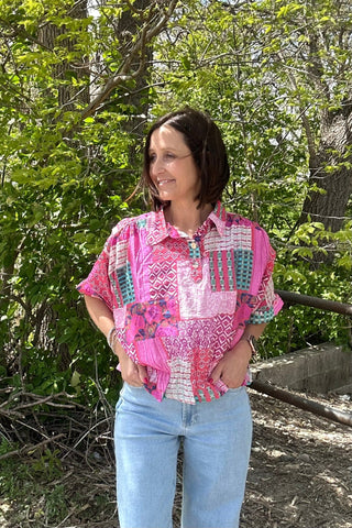 Bella Mixed Print Lightweight Collared Top - Just Dani Boutique + Color Studio