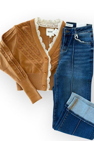 Bennie Camel Lace Trim Cardigan - Just Dani Boutique + Color Studio