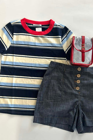 Brenna Navy Multicolored Striped Top - The Funky Zebras Clear Lake
