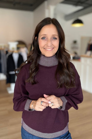 Burgundy Stitch Detail Turtleneck Top - Just Dani Boutique + Color Studio