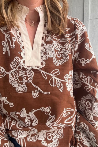 Cami Floral Embroidered Toffee Ruffle Neck Top - Just Dani Boutique + Color Studio