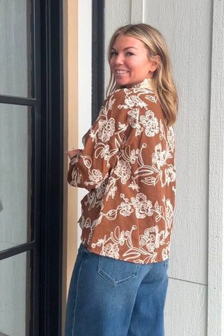 Cami Floral Embroidered Toffee Ruffle Neck Top - Just Dani Boutique + Color Studio