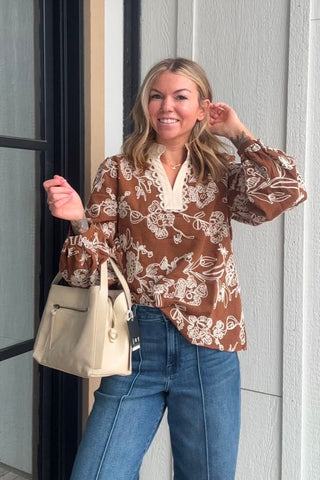 Cami Floral Embroidered Toffee Ruffle Neck Top - Just Dani Boutique + Color Studio