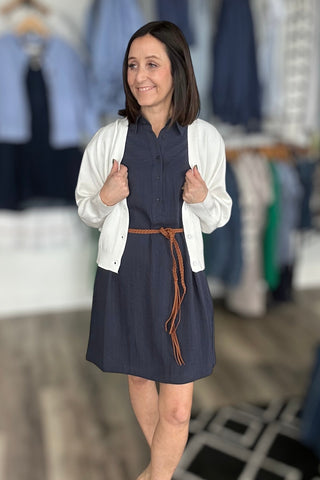 Carmen Navy Dress with Woven Belt - The Funky Zebras Clear Lake