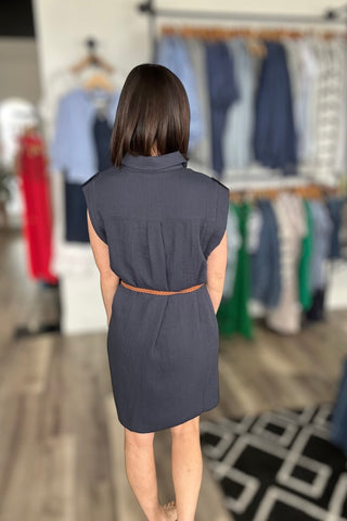 Carmen Navy Dress with Woven Belt - The Funky Zebras Clear Lake