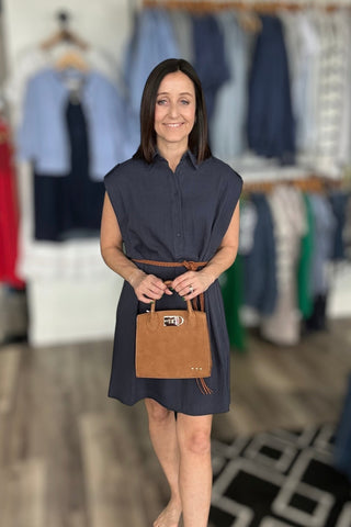 Carmen Navy Dress with Woven Belt - The Funky Zebras Clear Lake
