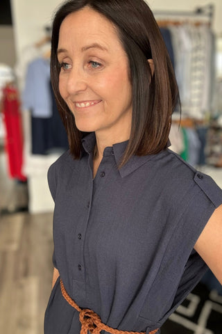 Carmen Navy Dress with Woven Belt - The Funky Zebras Clear Lake