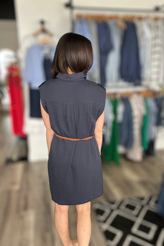 Carmen Navy Dress with Woven Belt - The Funky Zebras Clear Lake