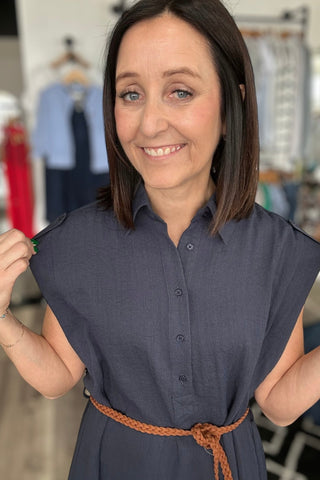 Carmen Navy Dress with Woven Belt - The Funky Zebras Clear Lake
