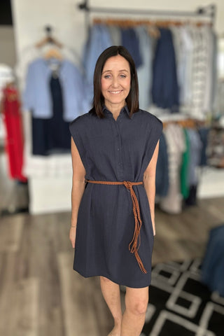 Carmen Navy Dress with Woven Belt - The Funky Zebras Clear Lake
