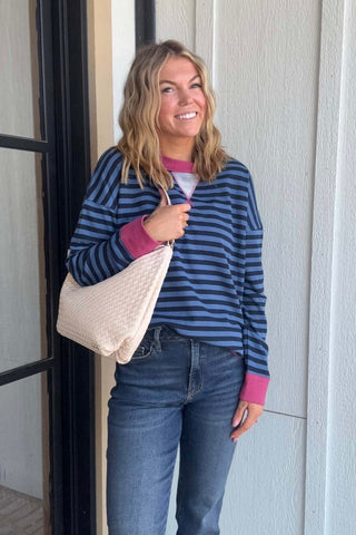 Caroline Fuchsia & Navy Trim Striped Sweatshirt - Just Dani Boutique + Color Studio