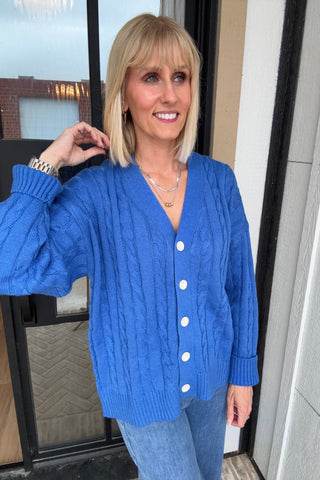 Carrie Blue Cable Knit V Neck Cardigan - Just Dani Boutique + Color Studio