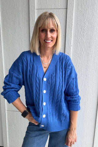 Carrie Blue Cable Knit V Neck Cardigan - Just Dani Boutique + Color Studio