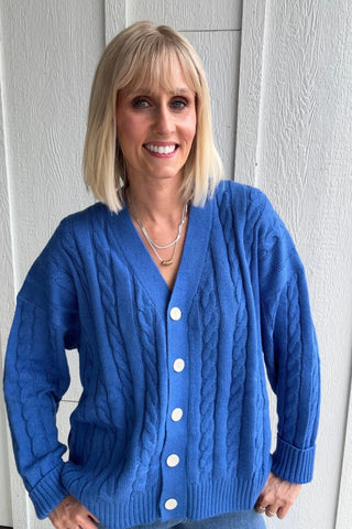 Carrie Blue Cable Knit V Neck Cardigan - Just Dani Boutique + Color Studio