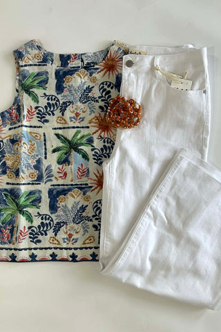 Charlie B Border Print Sleeveless Back Button Blouse - The Funky Zebras Clear Lake