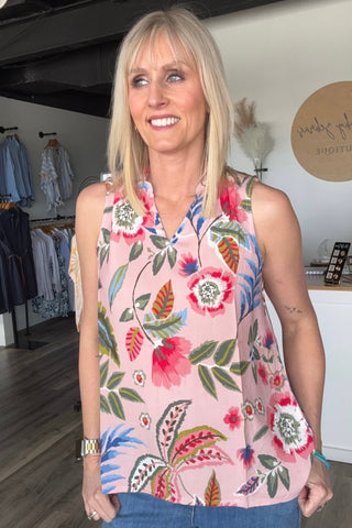 Charlie B Gardenia Printed Sleeveless Top w/ Ruffle - The Funky Zebras Clear Lake