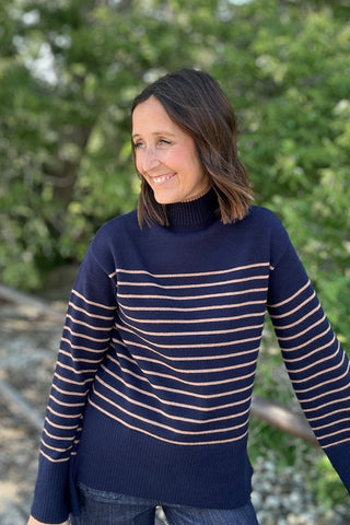 Charlie B Navy Striped Mock Neck Sweater - The Funky Zebras Clear Lake