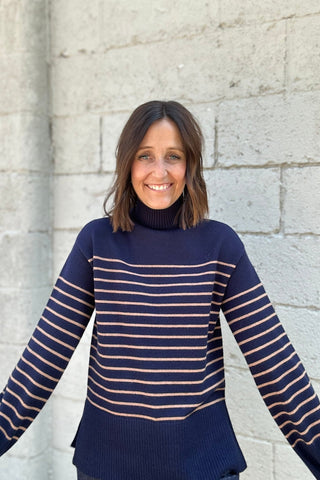 Charlie B Navy Striped Mock Neck Sweater - The Funky Zebras Clear Lake