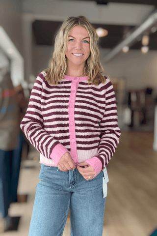 Cherrie Pink & Wine Button Front Cardi - Just Dani Boutique + Color Studio