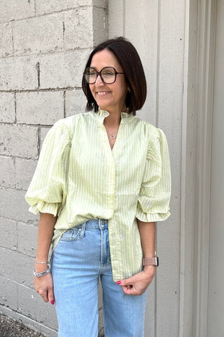 Cici Lime Striped Balloon Sleeve Blouse - Just Dani Boutique + Color Studio
