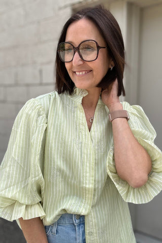 Cici Lime Striped Balloon Sleeve Blouse - Just Dani Boutique + Color Studio
