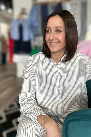 Crystal Off White & Navy Button Down Top - The Funky Zebras Clear Lake