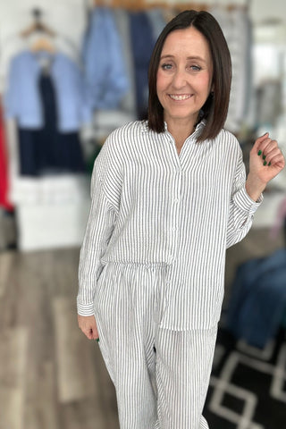 Crystal Off White & Navy Button Down Top - The Funky Zebras Clear Lake
