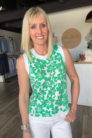 Danica Green Crew Neck Sleeveless Floral Printed Sweater Tank - The Funky Zebras Clear Lake