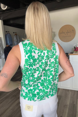 Danica Green Crew Neck Sleeveless Floral Printed Sweater Tank - The Funky Zebras Clear Lake