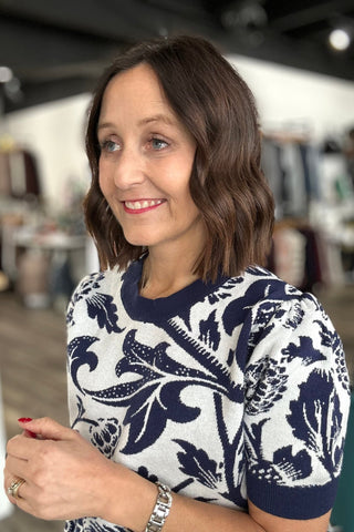 Emilee Floral Jacquard Puff Short Sleeve Sweater - The Funky Zebras Clear Lake