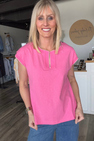 Genevieve Pink Picot Stitched Split Neck Top - The Funky Zebras Clear Lake