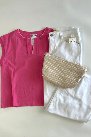 Genevieve Pink Picot Stitched Split Neck Top - The Funky Zebras Clear Lake