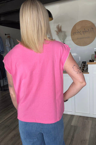Genevieve Pink Picot Stitched Split Neck Top - The Funky Zebras Clear Lake