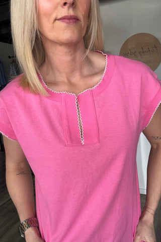 Genevieve Pink Picot Stitched Split Neck Top - The Funky Zebras Clear Lake